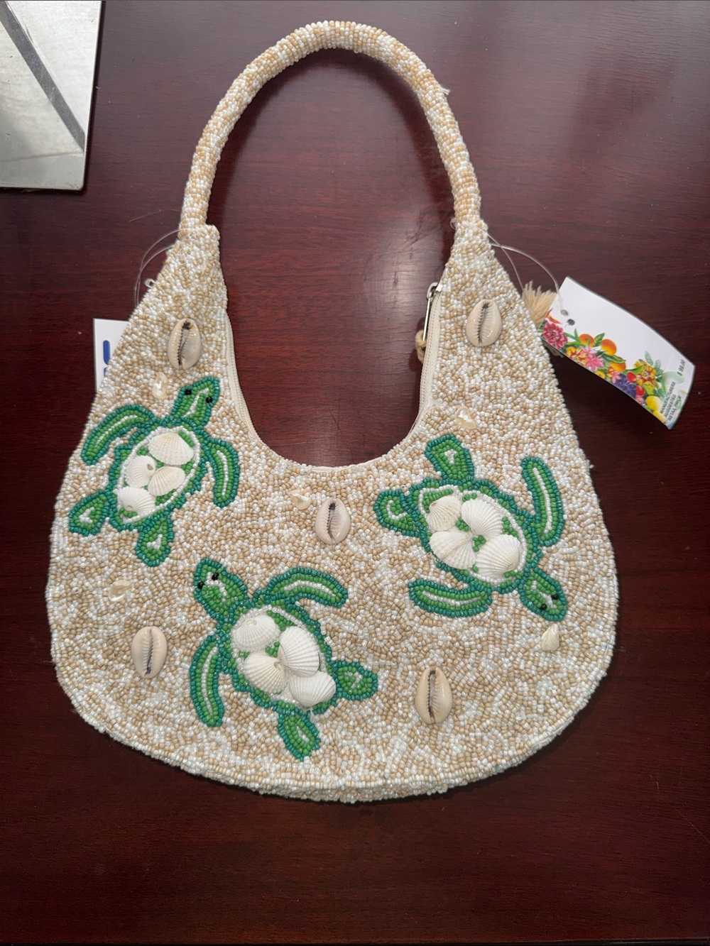 Beaded Turtle Shoulder Bag in Cream & Green